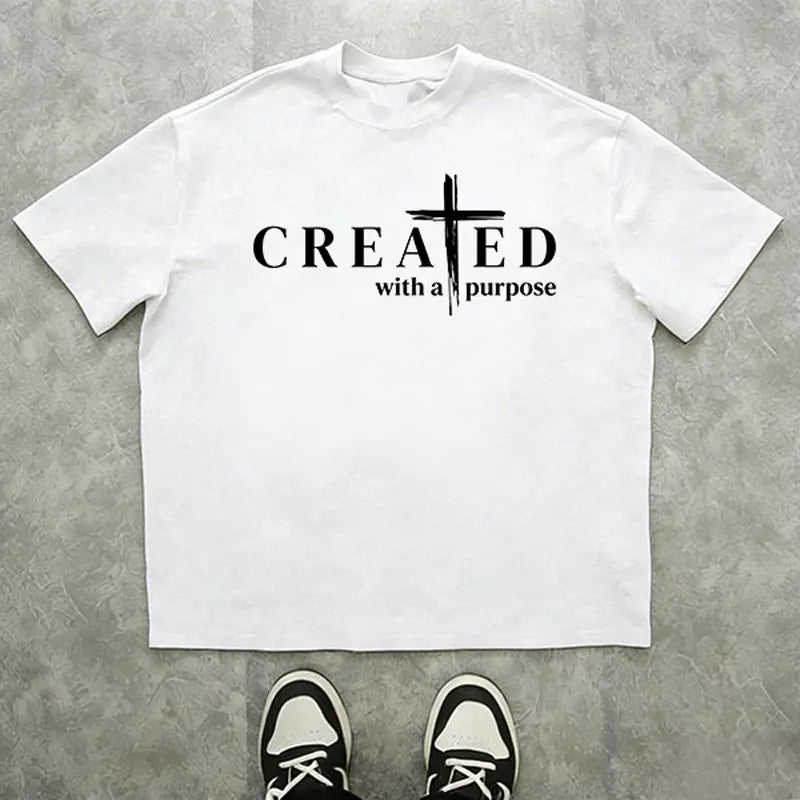 Men’s “Created with a Purpose” Christian graphic T-shirt, cross faith quote print tee, casual crew neck, perfect for church outfits, faith wear, and streetwear.,summerwins,father'sdaygifts