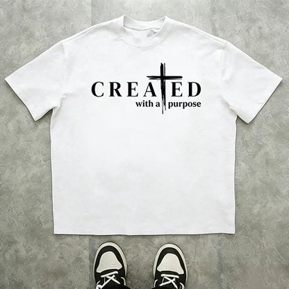 Men’s “Created with a Purpose” Christian graphic T-shirt, cross faith quote print tee, casual crew neck, perfect for church outfits, faith wear, and streetwear.,summerwins,father'sdaygifts