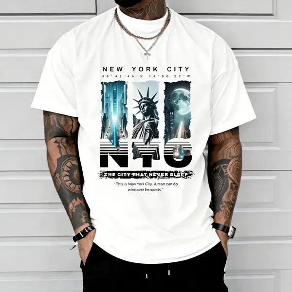 Men’s NYC “Eternal City” printed T-shirt, New York street-style short sleeve, Statue of Liberty themed casual top. tiktokshopspringglowup