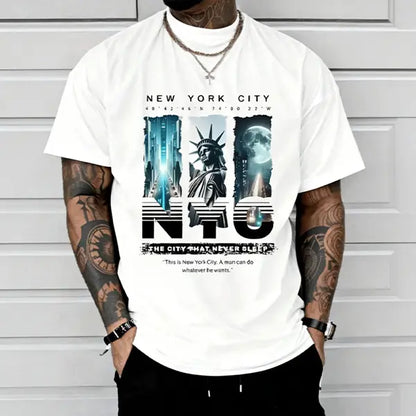 Men’s NYC “Eternal City” printed T-shirt, New York street-style short sleeve, Statue of Liberty themed casual top. tiktokshopspringglowup