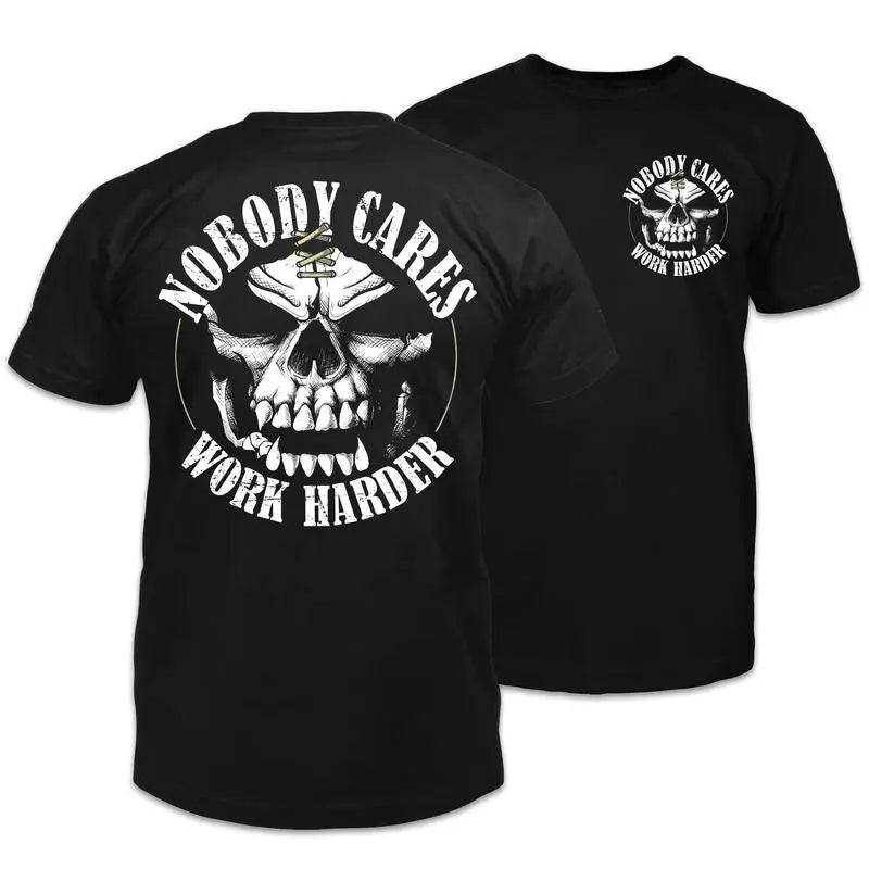 Men's Classic Short-Sleeve Round Neck Graphic T-Shirt - Soft Ribbed Cotton Yarn Fabric, Sweat-Wicking, Breathable, Bold Skull Design, "Nobody Cares, Work Harder" Slogan, 90s Style Streetwear Menswear, Casual Sports Top with Power & Grit Stitching