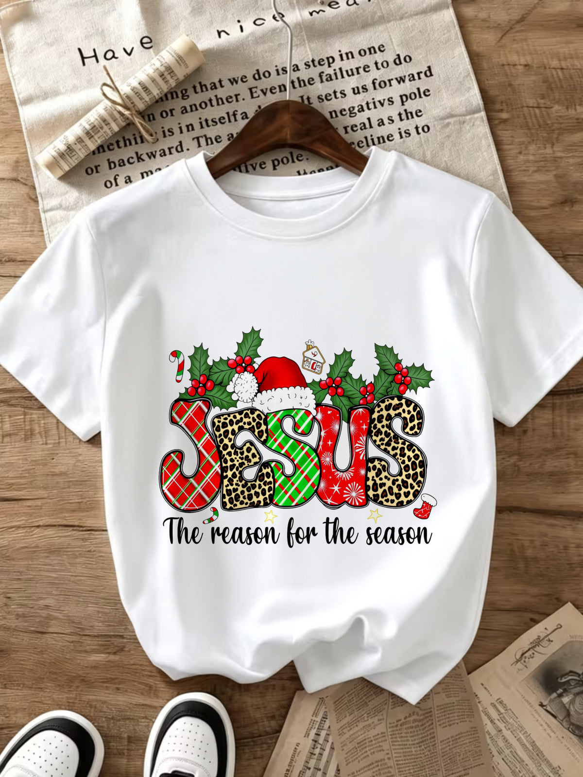 Vintage Tee, Women'S Round Neck T-Shirt, Spring Summer Fall Casual Suitable for Travel The Reason for The Season Christmas Leopard Plaid Graphic, A Stylish And Casual Choice, Attitude T-Shirt, Local Delivery