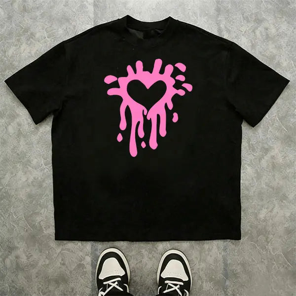 Men’s melting heart graffiti graphic T-shirt, streetwear-inspired love design tee, casual crew neck top, bold urban style shirt for everyday wear, street outings, casual meetups, and nights out