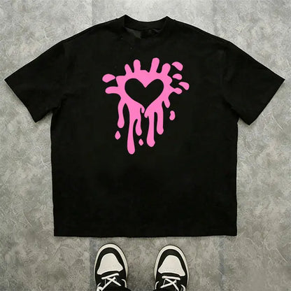 Men’s melting heart graffiti graphic T-shirt, streetwear-inspired love design tee, casual crew neck top, bold urban style shirt for everyday wear, street outings, casual meetups, and nights out