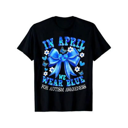 April We Wear Blue Autism Awareness Coquette Bow Puzzle TShirt