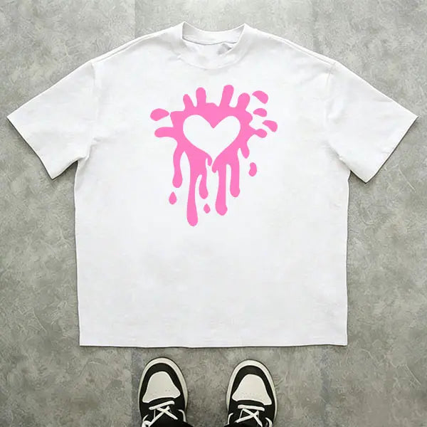 Men’s melting heart graffiti graphic T-shirt, streetwear-inspired love design tee, casual crew neck top, bold urban style shirt for everyday wear, street outings, casual meetups, and nights out