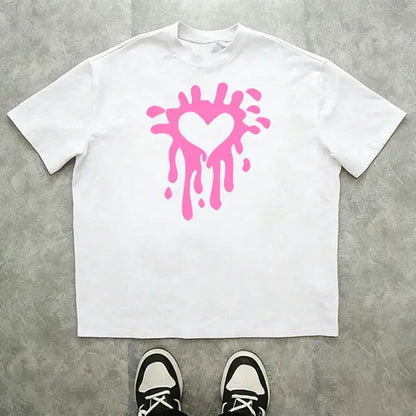Men’s melting heart graffiti graphic T-shirt, streetwear-inspired love design tee, casual crew neck top, bold urban style shirt for everyday wear, street outings, casual meetups, and nights out