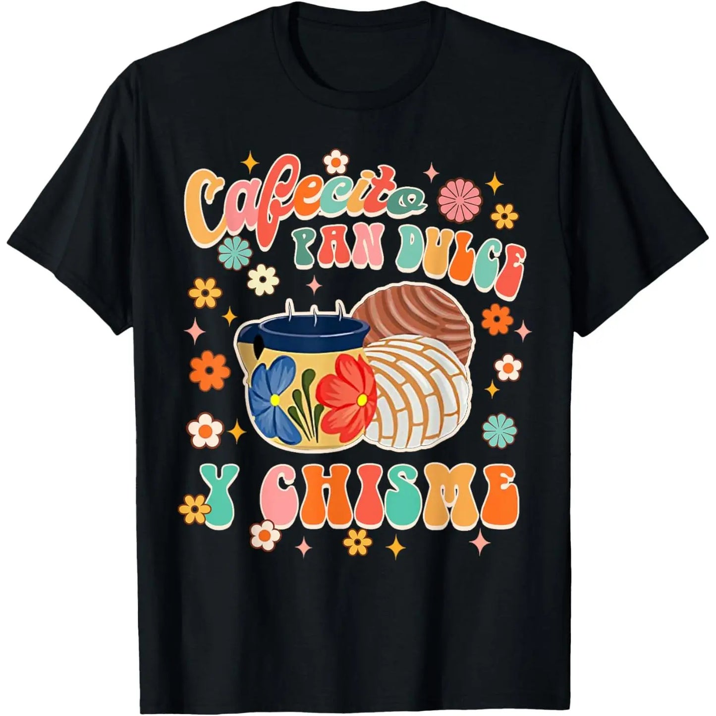 Menswear Cotton Graphic Round Neck Short-Sleeve T-Shirt - Casual Streetwear with Cafecito Pan Dulce Y Chisme Mexican Latina Concha Groovy Design, Ideal Gift for Sports & Outdoor Activities, Shortsleeve