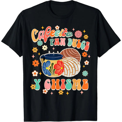 Menswear Cotton Graphic Round Neck Short-Sleeve T-Shirt - Casual Streetwear with Cafecito Pan Dulce Y Chisme Mexican Latina Concha Groovy Design, Ideal Gift for Sports & Outdoor Activities, Shortsleeve