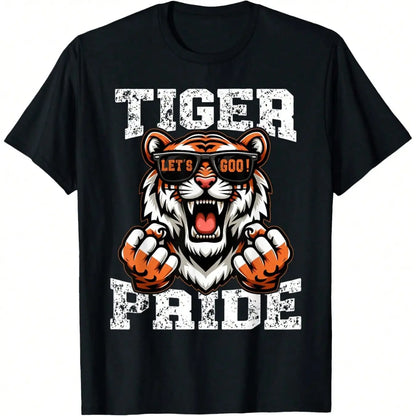 Women's Retro Vintage Tiger Pride School Sports Team Mascot Print Short-Sleeve Round Neck Streetwear Top, Black Crew Neck, Casual Stylish 100%25 Cotton