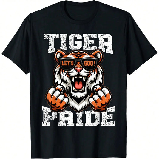 Women's Retro Vintage Tiger Pride School Sports Team Mascot Print Short-Sleeve Round Neck Streetwear Top, Black Crew Neck, Casual Stylish 100%25 Cotton