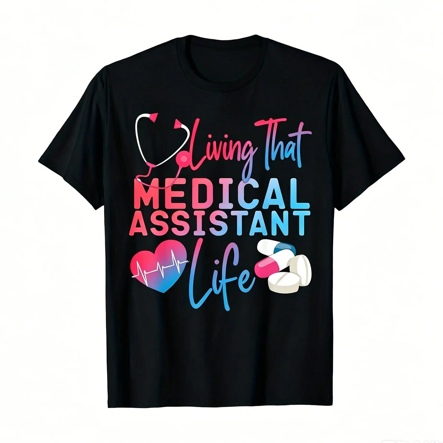 Unisex Oversized Basic Comfy Short Sleeve Medical Assistant CMA Print T-Shirt - Black, Regular Fit, Stethoscope & Heart Graphic, Machine Washable Casual Top Gift for Healthcare Professionals Crewneck Menswear
