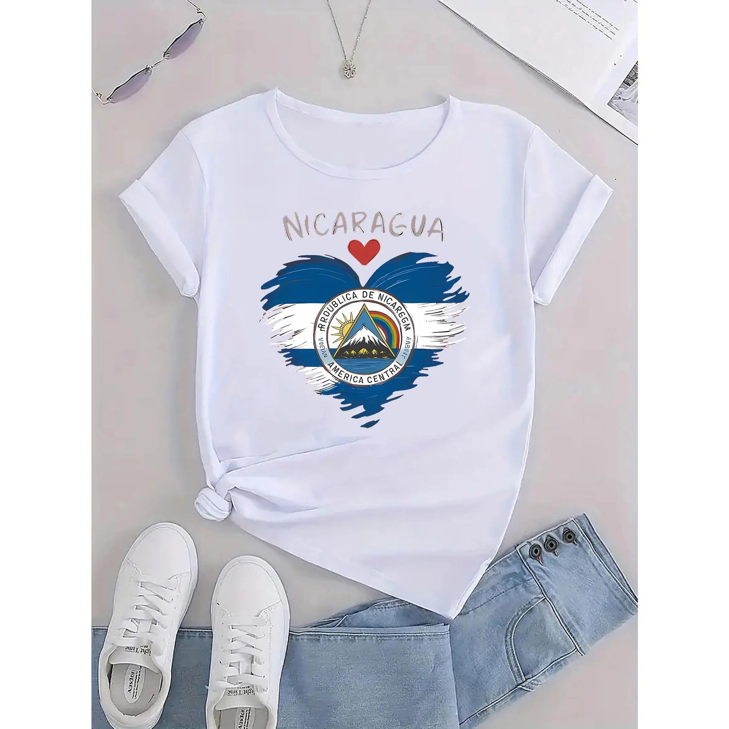Women's Casual Short Sleeve T-Shirt - I Love Nicaragua Flag & Pledge Graphic Print, Round Neck, Medium Stretch, Machine Washable, All-Season Comfort Top for Casual Attire & National Pride