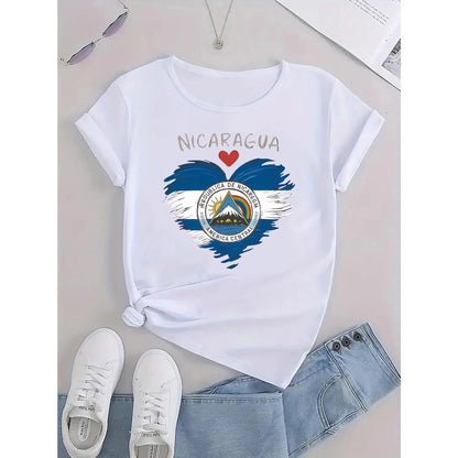 Women's Casual Short Sleeve T-Shirt - I Love Nicaragua Flag & Pledge Graphic Print, Round Neck, Medium Stretch, Machine Washable, All-Season Comfort Top for Casual Attire & National Pride
