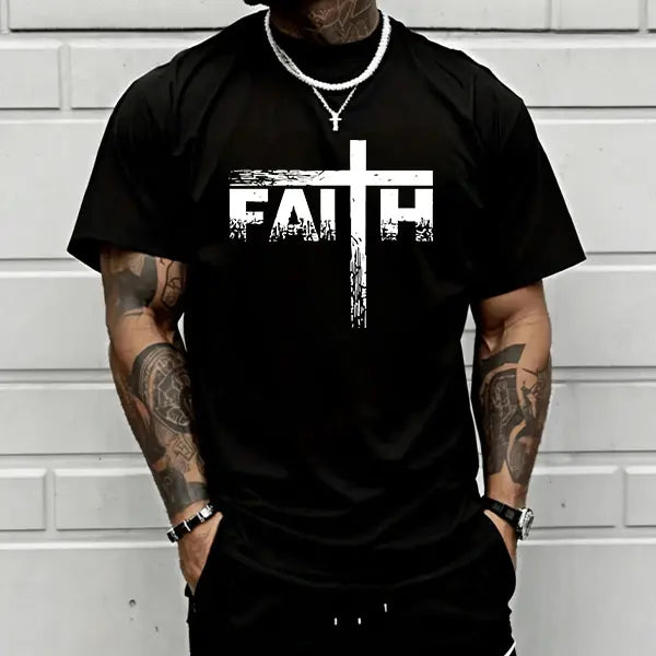 Men’s oversized faith cross T-shirt, Christian religious graphic print, casual black crewneck tee for young believers and streetwear lovers, Shortsleeve, Menswear tiktokshopspringglowup