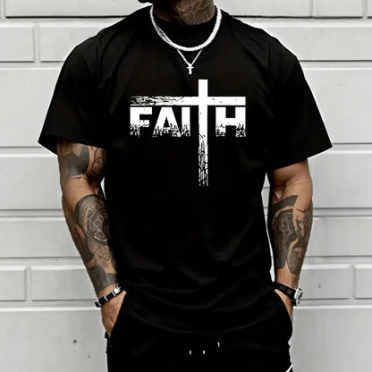 Men’s oversized faith cross T-shirt, Christian religious graphic print, casual black crewneck tee for young believers and streetwear lovers, Shortsleeve, Menswear tiktokshopspringglowup