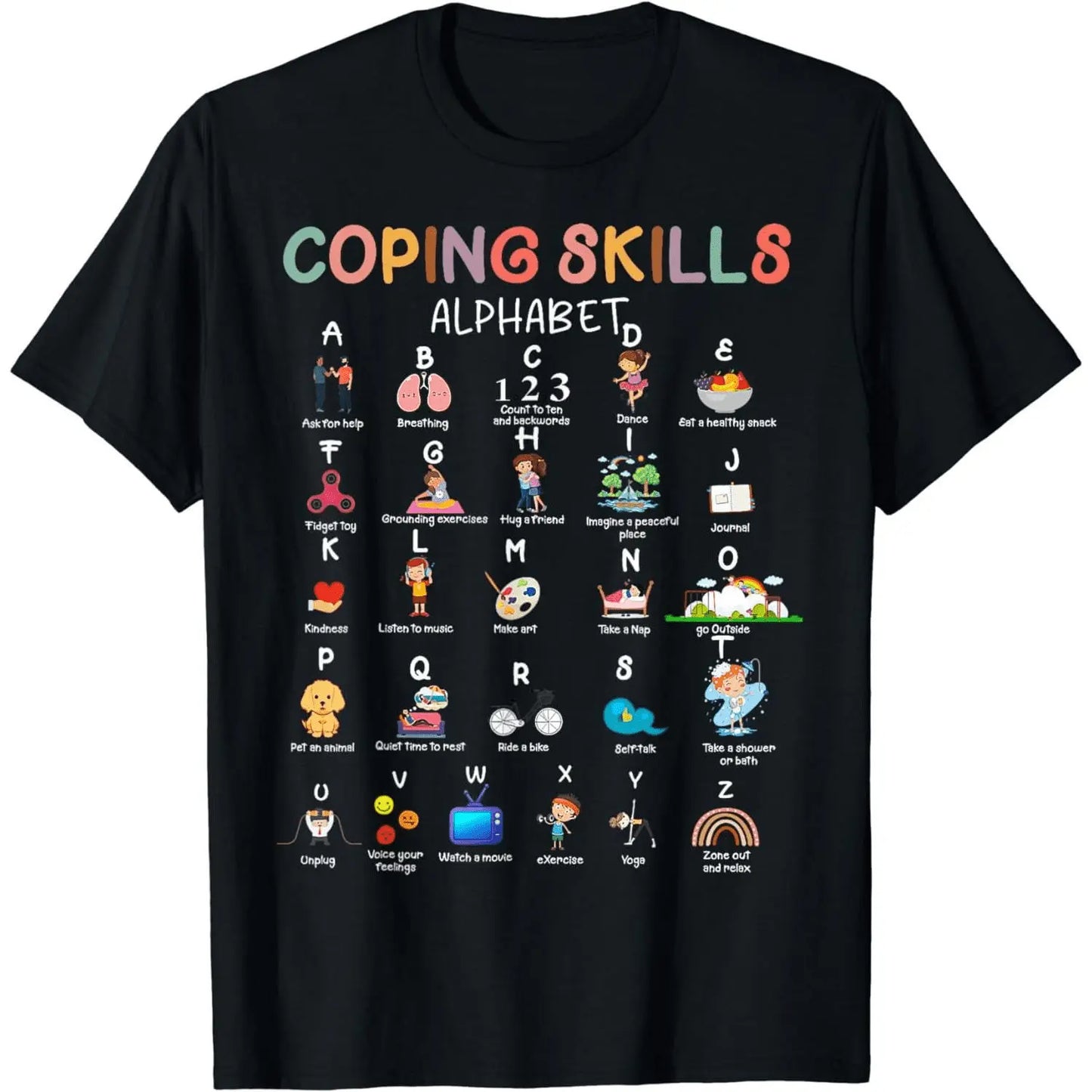Vintage Coping Skills Alphabet Print T-Shirt, 100%25 Cotton Casual Round Neck Top for Men and Women, Shortsleeve Mental Health Awareness Graphic Tee