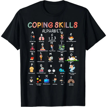 Vintage Coping Skills Alphabet Print T-Shirt, 100%25 Cotton Casual Round Neck Top for Men and Women, Shortsleeve Mental Health Awareness Graphic Tee