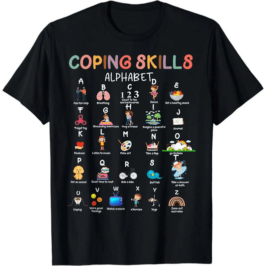 Vintage Coping Skills Alphabet Print T-Shirt, 100%25 Cotton Casual Round Neck Top for Men and Women, Shortsleeve Mental Health Awareness Graphic Tee