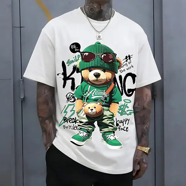 Streetwear hip-hop teddy bear print men’s T-shirt, Harajuku retro casual short-sleeve top, Y2K-style loose trendy tee. tiktokshopspringglowup