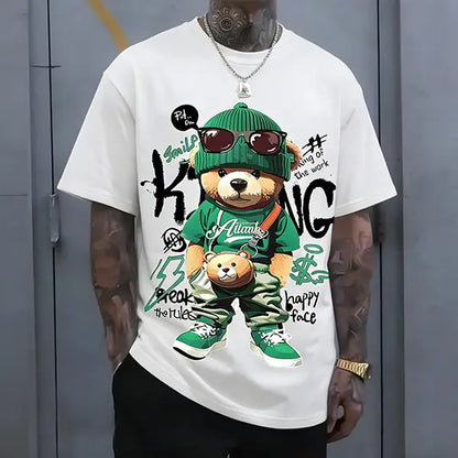 Streetwear hip-hop teddy bear print men’s T-shirt, Harajuku retro casual short-sleeve top, Y2K-style loose trendy tee. tiktokshopspringglowup