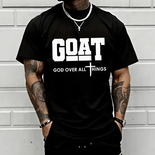 “God Over All” graphic T-shirt for men, 100%25 cotton, breathable loose streetwear short sleeve, urban faith style casual tee for everyday outdoor wear — trendy Christian casual top, short sleeve, menswear, T-shirt, crew neck, TikTok Shop Spring Glow Up.,