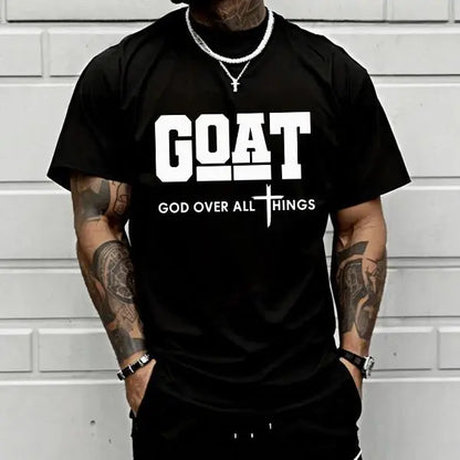 “God Over All” graphic T-shirt for men, 100%25 cotton, breathable loose streetwear short sleeve, urban faith style casual tee for everyday outdoor wear — trendy Christian casual top, short sleeve, menswear, T-shirt, crew neck, TikTok Shop Spring Glow Up.,