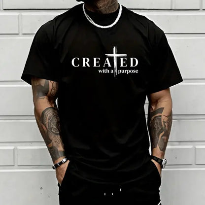 Men’s “Created with a Purpose” Christian graphic T-shirt, cross faith quote print tee, casual crew neck, perfect for church outfits, faith wear, and streetwear.,summerwins,father'sdaygifts