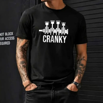 Men’s “Cranky Engine Piston” graphic T-shirt, funny mechanic/car enthusiast quote tee, casual crew neck top, automotive-themed shirt for everyday wear, garage, streetwear, and casual meetups