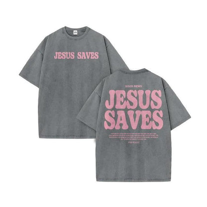 Women's Casual Christian Clothing Jesus Saves Print Acid Washed Cotton Top, Breathable Fabric Unisex Jesus T-Shirt, Shortsleeve, Tops, Layer,back to school,back to school shopping, Graphic Shirts