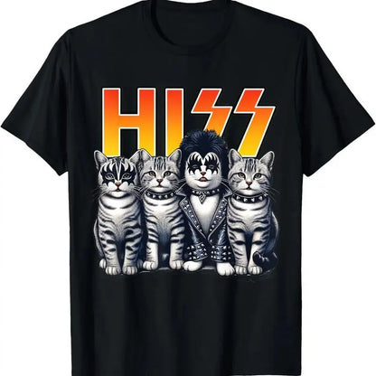 Women's Cute Hiss Cats Rock Graphic T-Shirt - Relaxed Oversized Crewneck, Classic Breathable Cotton Shortsleeve, Unisex Casual Top for Cat Lovers