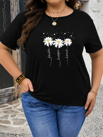 Plus Size - Plus Size - Daisy Print Plus Size Black Women'S T-Shirt