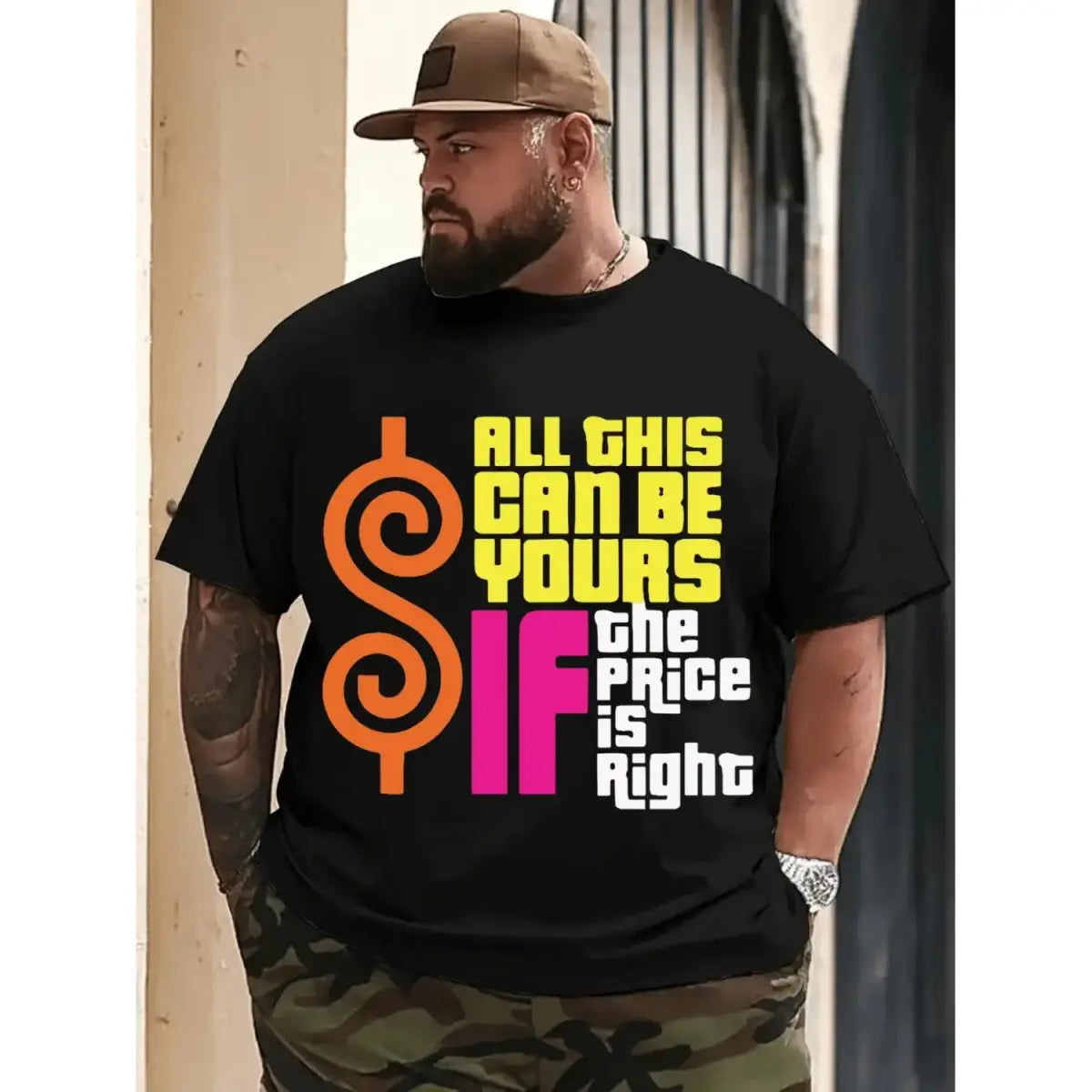 Men's Retro "Price is Right" Graphic Tee - Soft Breathable Cotton Street Style Top with a Ribbed Neckline