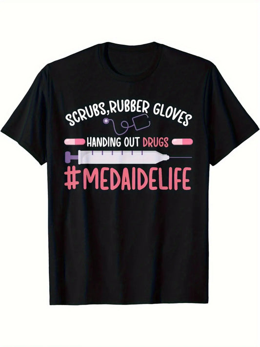 Med Aide Life Medication Aide T-Shirt for Both Men And Women, Featuring a Similar Design, Perfect for Summer .This Short-Sleeved Shirt Is Made of 220G Pure