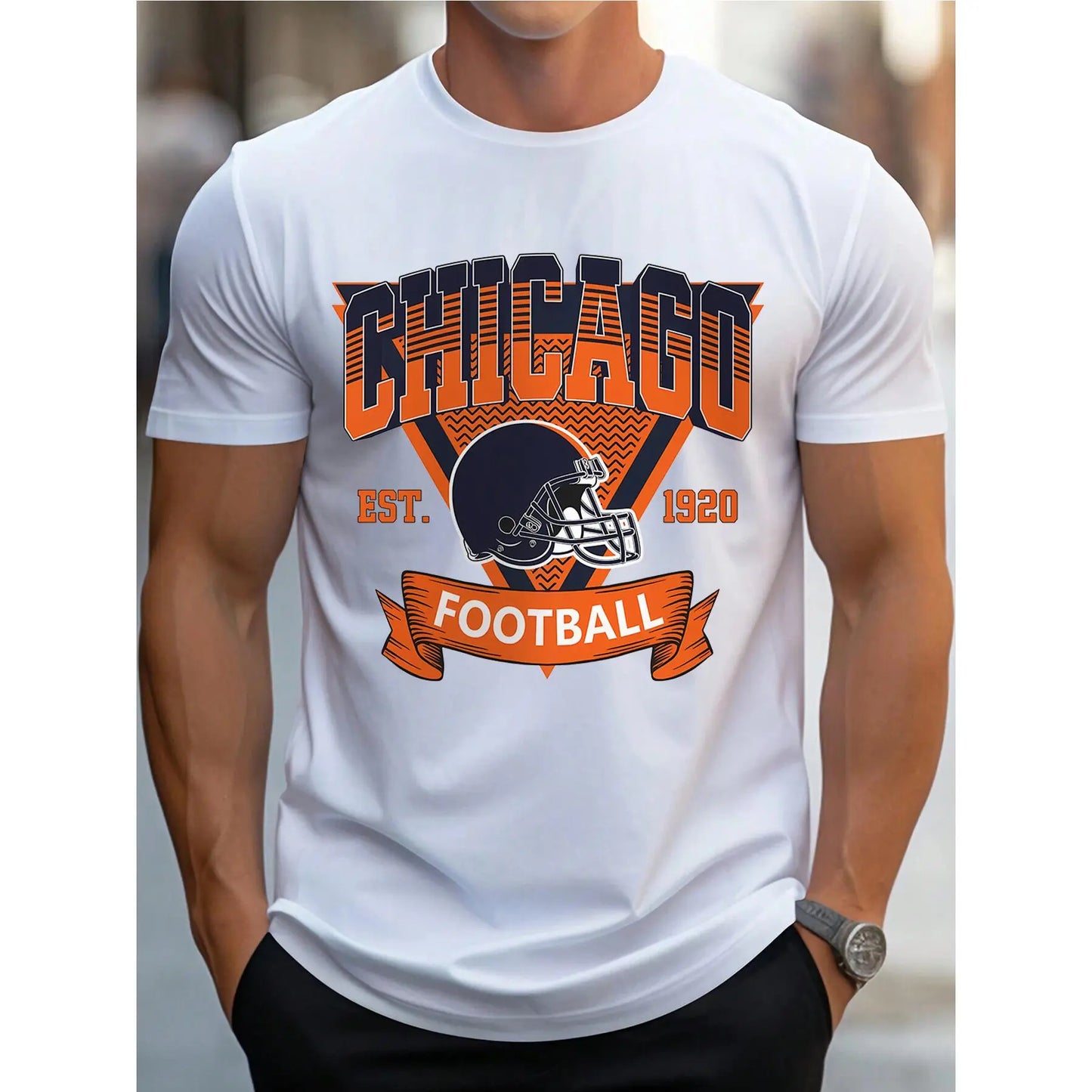 Chicago Football Graphic Tee - 100%25 Cotton Men's Casual T-Shirt, Short Sleeve, Round Neck, All-Season Comfort, White with Orange & Blue Chicago Football Design, Perfect for Sports Fans, Everyday Comfort | Graphic Tshirt | Durable Print, Chicago T Shirt