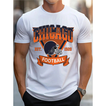 Chicago Football Graphic Tee - 100%25 Cotton Men's Casual T-Shirt, Short Sleeve, Round Neck, All-Season Comfort, White with Orange & Blue Chicago Football Design, Perfect for Sports Fans, Everyday Comfort | Graphic Tshirt | Durable Print, Chicago T Shirt