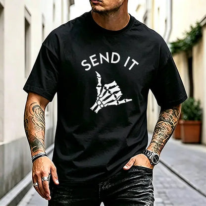 Men’s “SEND IT” skeleton Shaka hand graphic T-shirt, casual crew neck short sleeve tee, soft cotton blend, perfect for streetwear, adventure lovers, and everyday casual outfits
