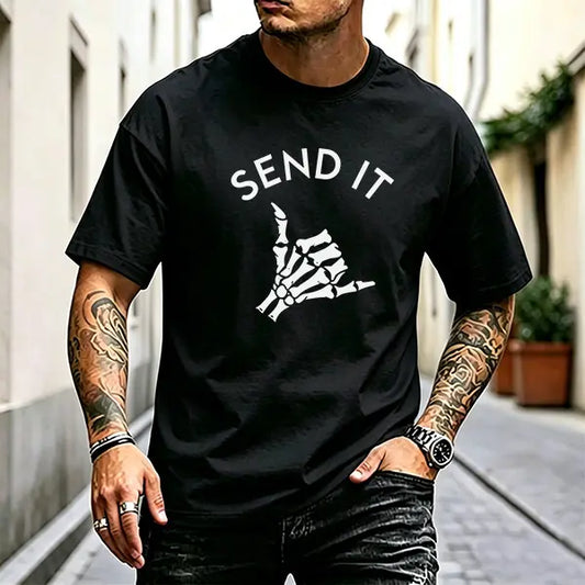 Men’s “SEND IT” skeleton Shaka hand graphic T-shirt, casual crew neck short sleeve tee, soft cotton blend, perfect for streetwear, adventure lovers, and everyday casual outfits