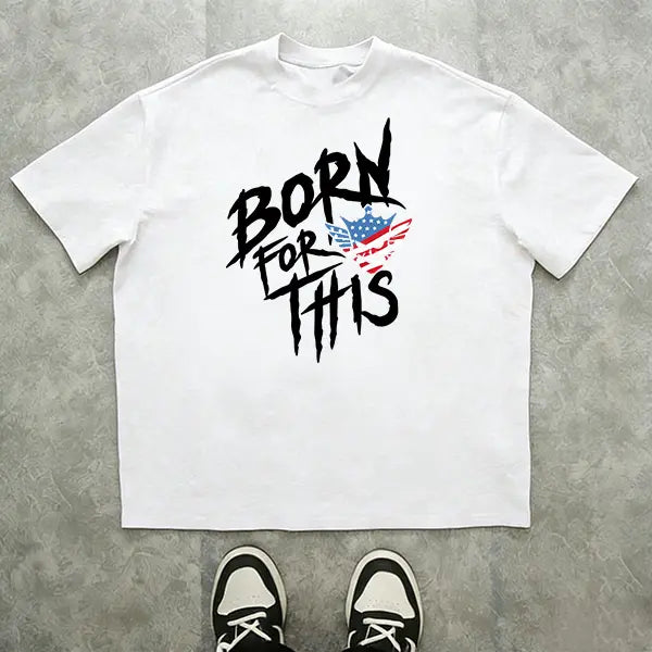 Men’s summer 100%25 cotton loose streetwear T-shirt, “Born for This” American flag skull graphic crew neck tee, edgy patriotic distressed short-sleeve top for everyday urban casual outfits
