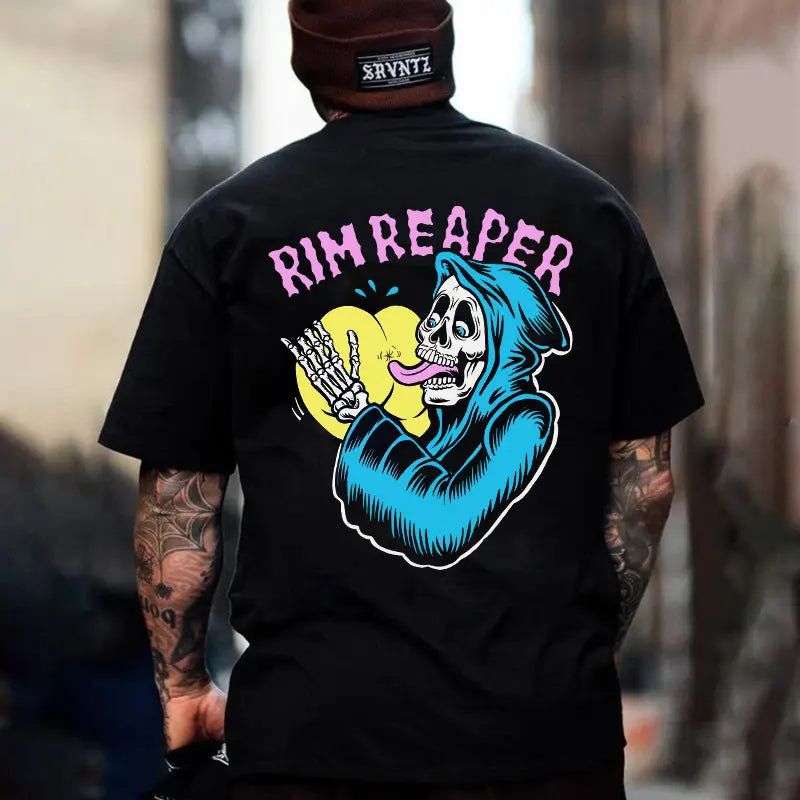 RIM REAPER Skull Graphics Mens Short-Sleeve Round Neck Streetwear T-Shirt - Soft Comfortable Fabric, Black Print, Casual Sports Top Apparel