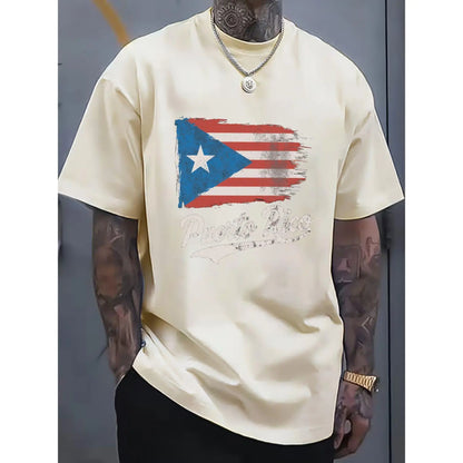 100%25 Single-Sided Crew Neck T-shirt | Distressed Puerto Rican Flag with Puerto Rico Text in White Cursive Font, Multicolor, Casual Outfit, Perfect for Festival Gift Giving