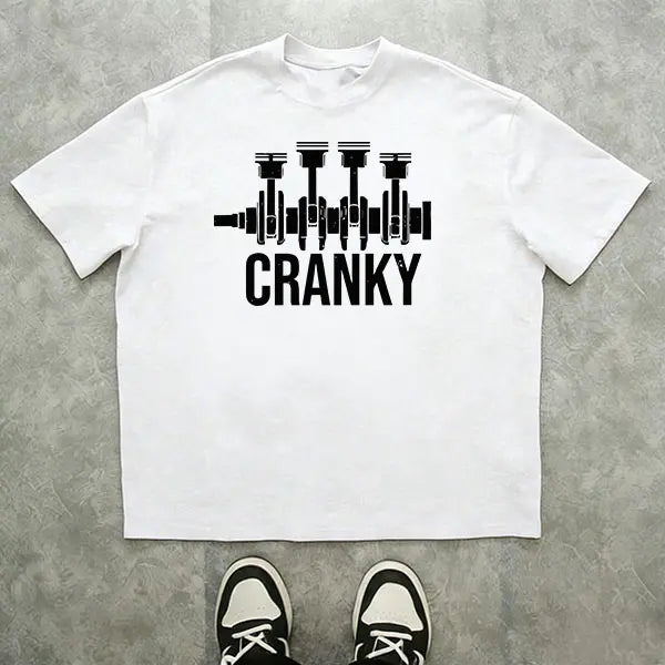 Men’s “Cranky Engine Piston” graphic T-shirt, funny mechanic/car enthusiast quote tee, casual crew neck top, automotive-themed shirt for everyday wear, garage, streetwear, and casual meetups