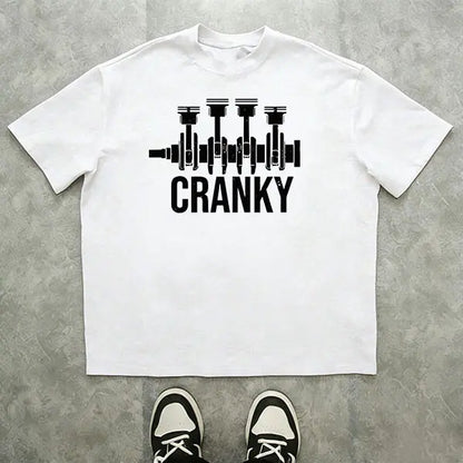 Men’s “Cranky Engine Piston” graphic T-shirt, funny mechanic/car enthusiast quote tee, casual crew neck top, automotive-themed shirt for everyday wear, garage, streetwear, and casual meetups