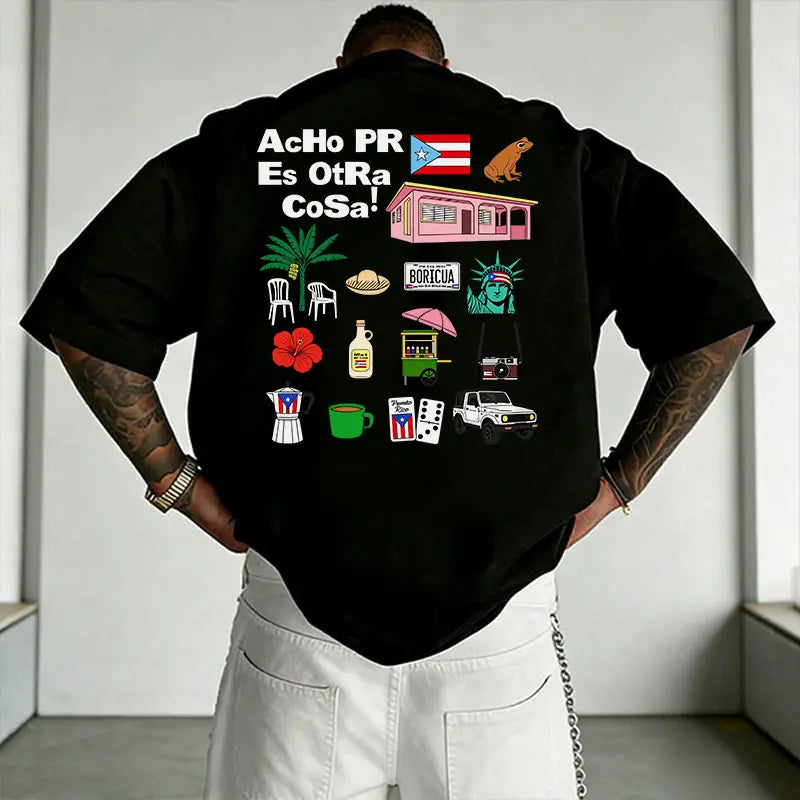 Men’s summer double-sided Puerto Rico “Boricua” graphic T-shirt, “Acho PR is another thing” collage print loose streetwear tee, 100%25 cotton breathable crew neck short-sleeve top, casual shirt featuring Puerto Rican flag culture for everyday vacation wea