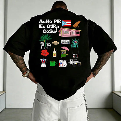 Men’s summer double-sided Puerto Rico “Boricua” graphic T-shirt, “Acho PR is another thing” collage print loose streetwear tee, 100%25 cotton breathable crew neck short-sleeve top, casual shirt featuring Puerto Rican flag culture for everyday vacation wea
