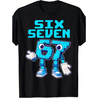 Funny Italian Brainrot 67 Number 6 & 7 Graphic T-Shirt - Retro Gaming Meme Design with Smiling Face & Six Seven 67 Print, Loose Fit Casual Short Sleeve Round Neck Tee