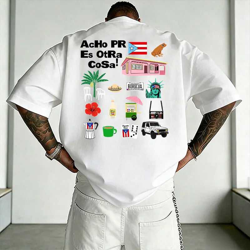 Men’s summer double-sided Puerto Rico “Boricua” graphic T-shirt, “Acho PR is another thing” collage print loose streetwear tee, 100%25 cotton breathable crew neck short-sleeve top, casual shirt featuring Puerto Rican flag culture for everyday vacation wea