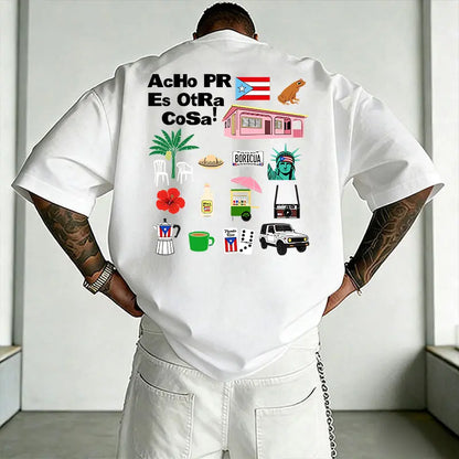 Men’s summer double-sided Puerto Rico “Boricua” graphic T-shirt, “Acho PR is another thing” collage print loose streetwear tee, 100%25 cotton breathable crew neck short-sleeve top, casual shirt featuring Puerto Rican flag culture for everyday vacation wea