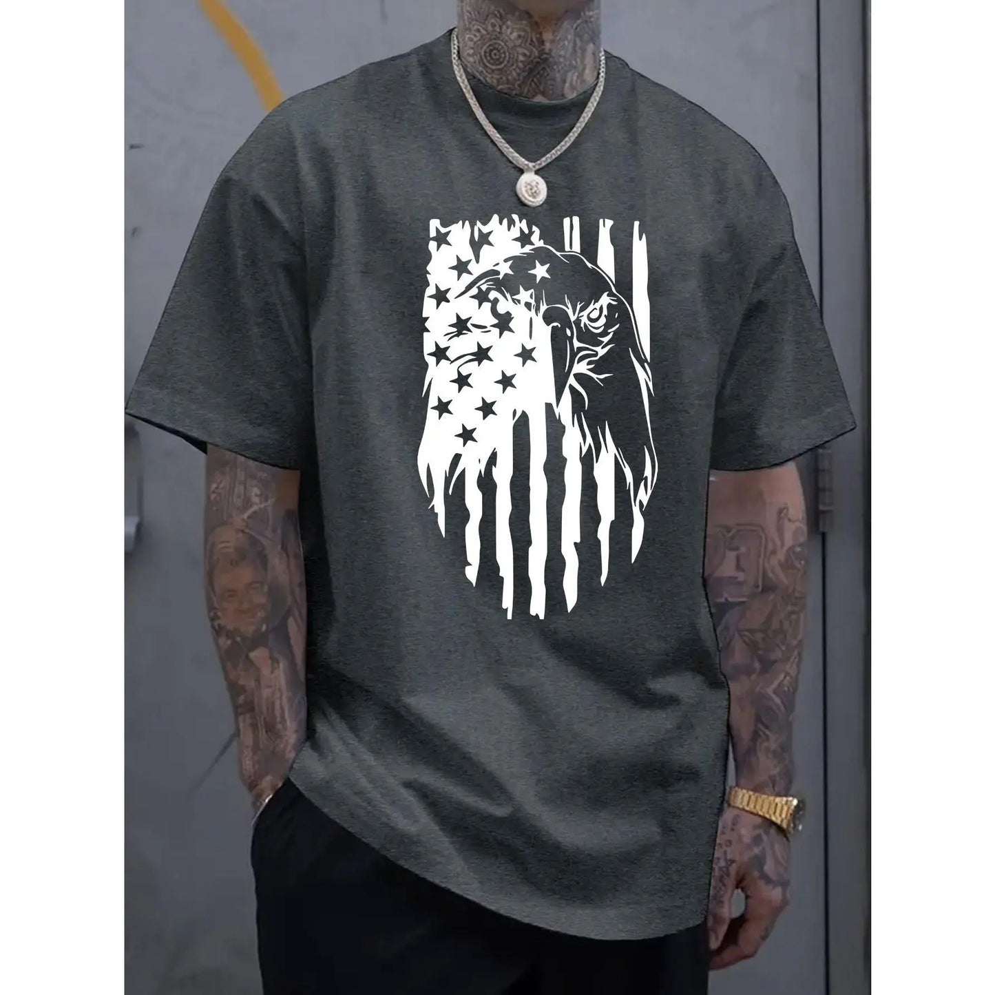 Men's American Flag Eagle Print T-Shirt, 100%25 Cotton Crew Neck Short Sleeve Tee, Casual All-Season Knit Fabric Top, Breathable Comfort Fit for Sports & Leisure, Leisure Clothing | Patriotic Apparel | Stretchable Material