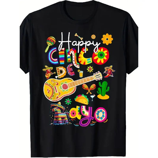 Menswear Short-Sleeve Graphic T-Shirt - Unisex Mexican Fiesta Themed, Retro Sombrero, Maracas, Cacti & Piñatas Print, Vibrant Cinco De Mayo Party Casual Round Neck, Machine Washable Apparel